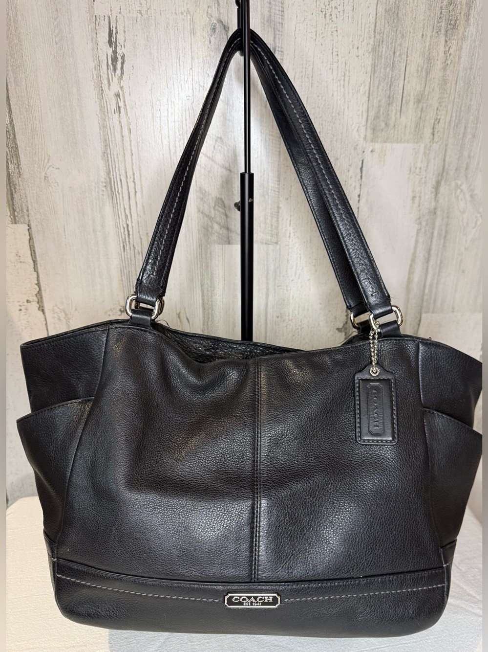 Coach Park Carrie  Black Pebbled Leather Shoulder Tote with Silver Hardware
